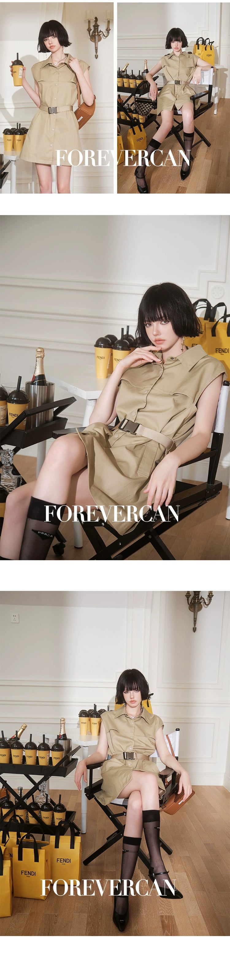 フォーエバーカンレディース2024年夏新しいカーゴジャケットドレスレトロな気質セレブリティスタイルのショートスカート