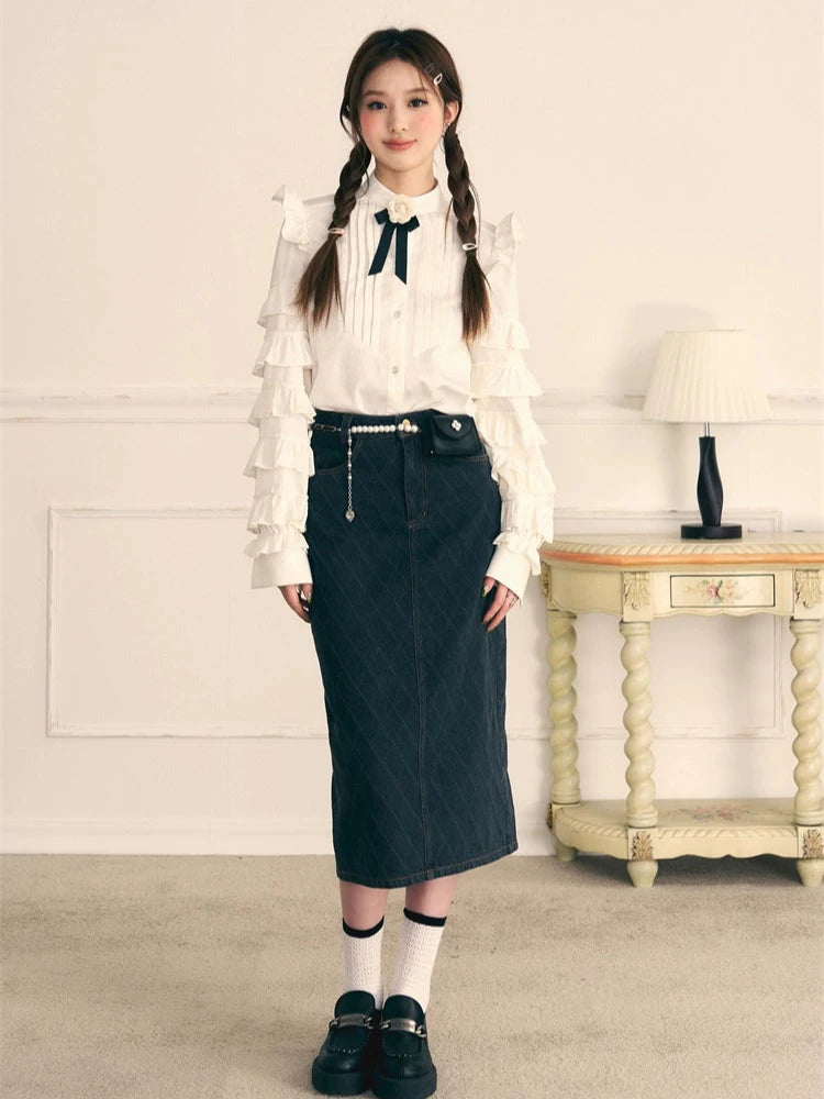 White Ruffle Long Sleeve Bow Knit