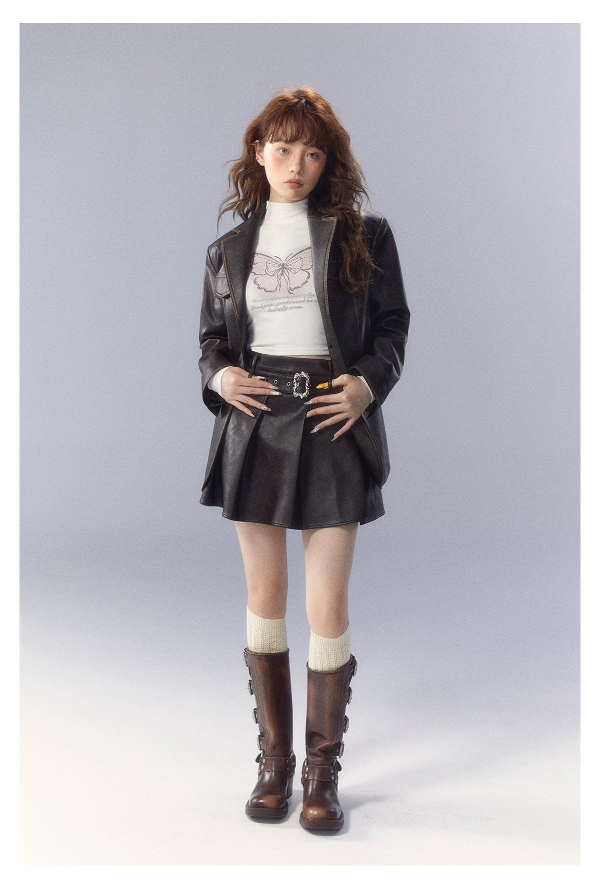 SunsetPark miuは、ヴィンテージブラウンの刺繍入りレザージャケットシルエットレザーブレザーブレザーです