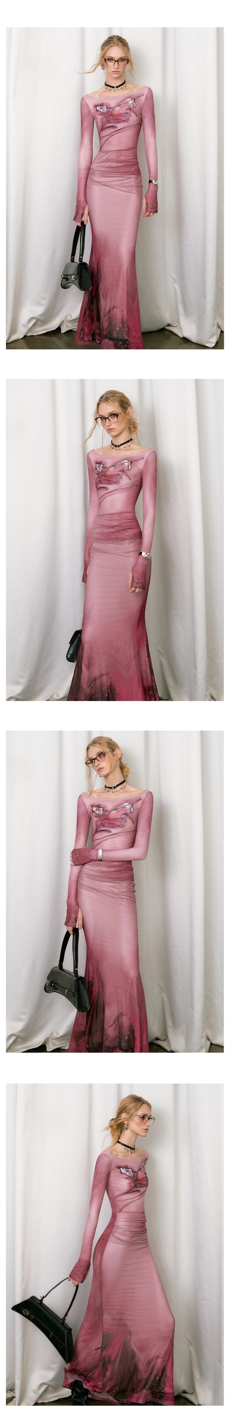 [スポット] OfAkiva「ドリームコアエステティック」バタフライプリントメッシュ長袖ボートネックフィッシュテールスカート女性