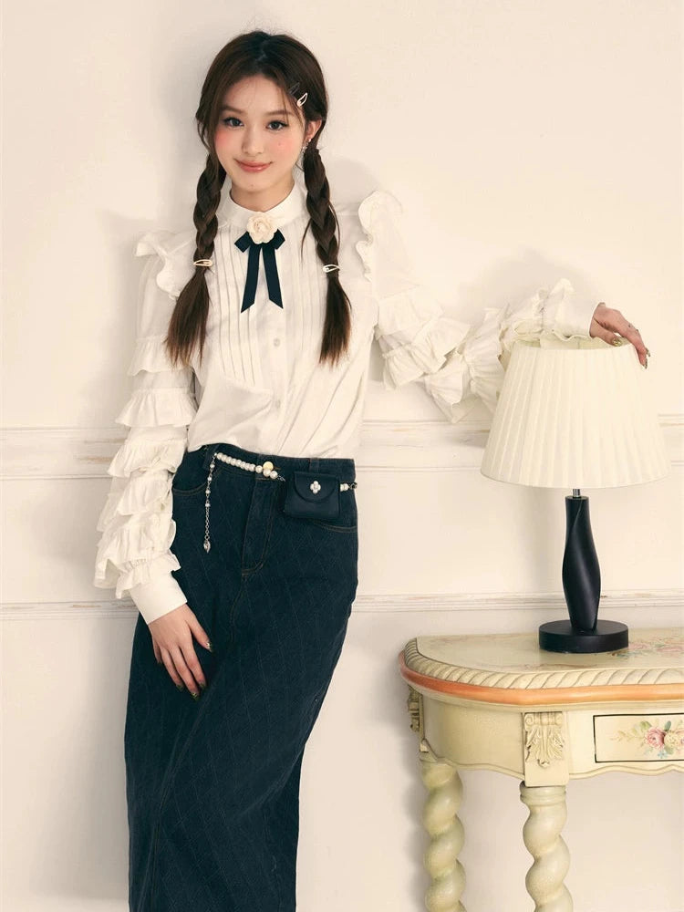 White Ruffle Long Sleeve Bow Knit