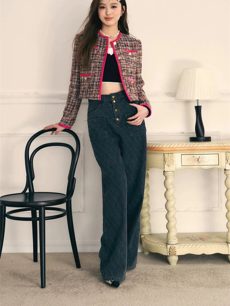 Retro quilted wide-leg straight mop denim