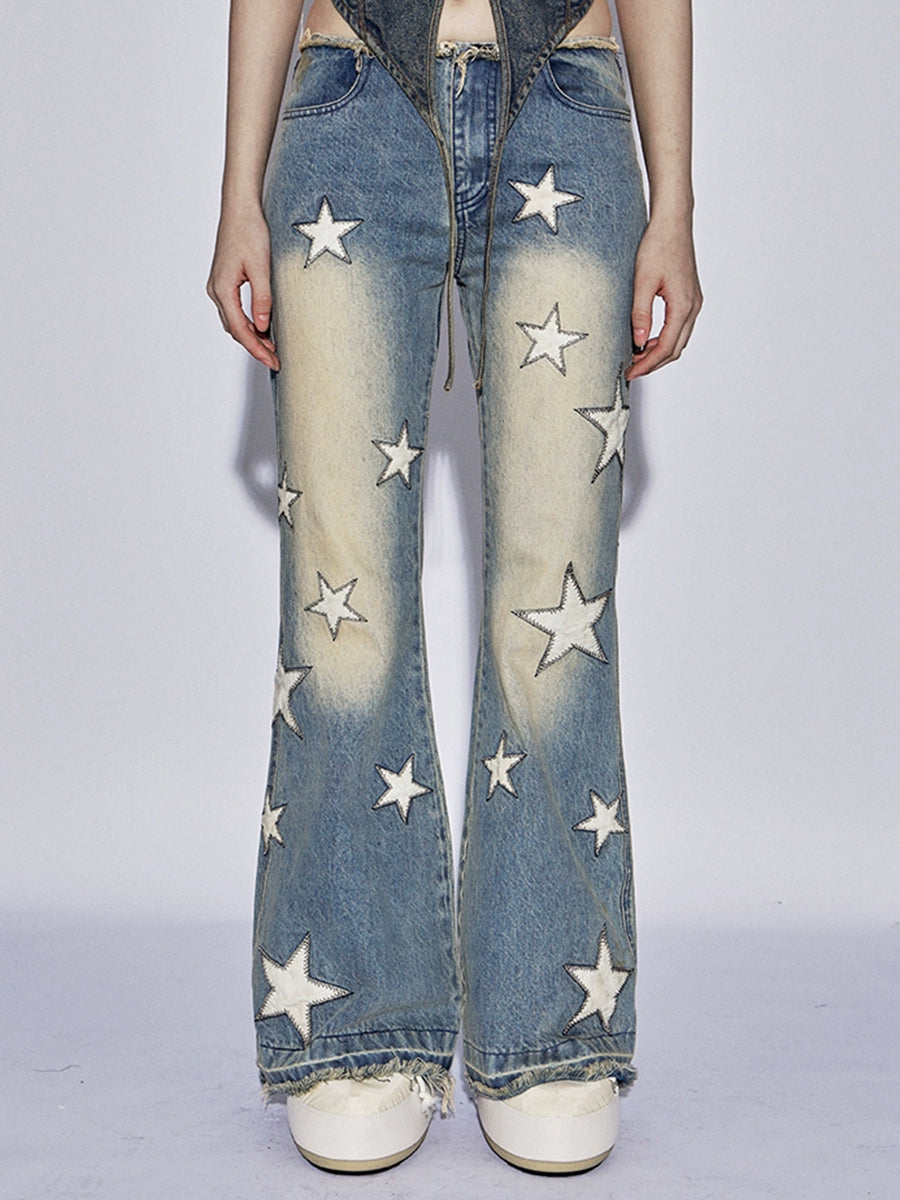フェイ・チュイ・アメリカン・ベイブス・スターパネル・ウォッシュド・ディストレスド・ルーズエッジ・デザイン・マイクロ・フレア・ローライズ・ジーンズ
