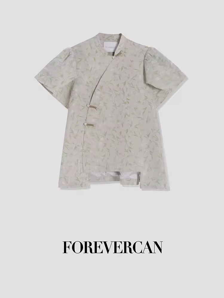 フォーエバーカンレディースサマー2024新しい中国スタイル新しい中国スタイルの高級気質パフスリーブ前立てトップス