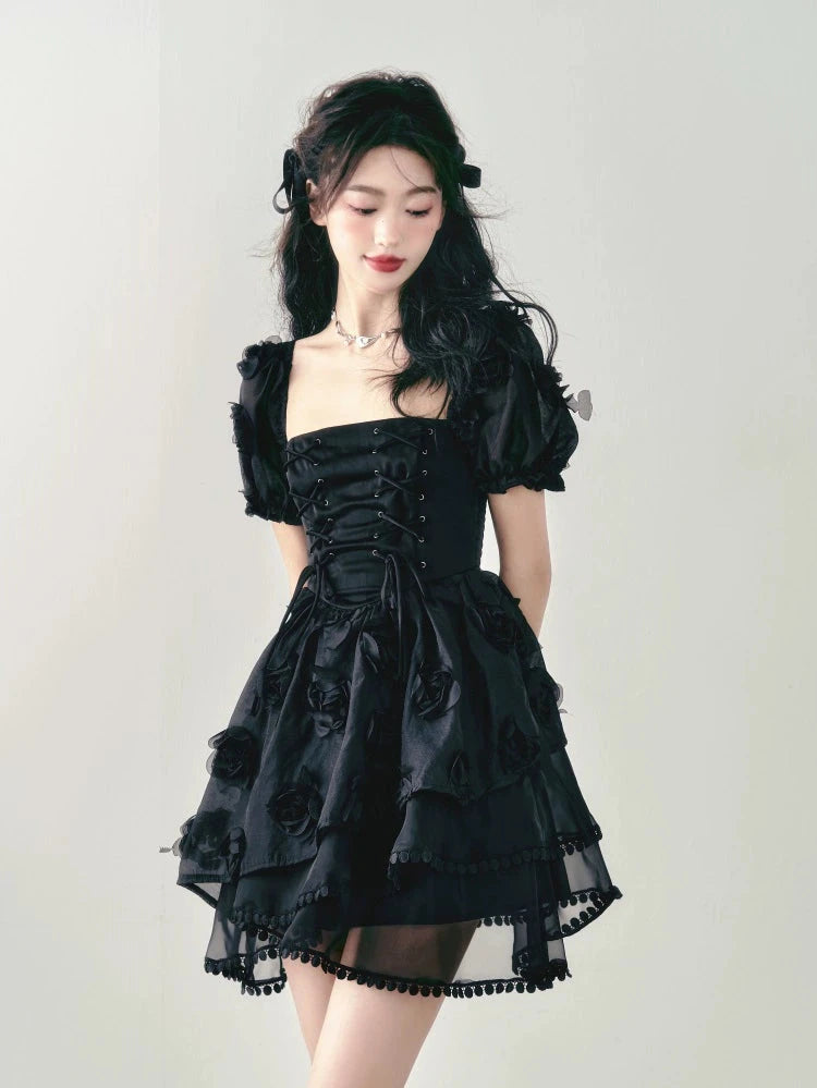 Three-Dimensional Rose Tie Puff Sleeve Dress