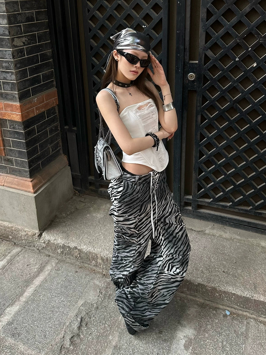 フェイチュイアメリカンヴィンテージベイビーディストレストダーティローライズマルチポケットドローストリングゼブラプリントカーゴパンツワイドレッグパンツ