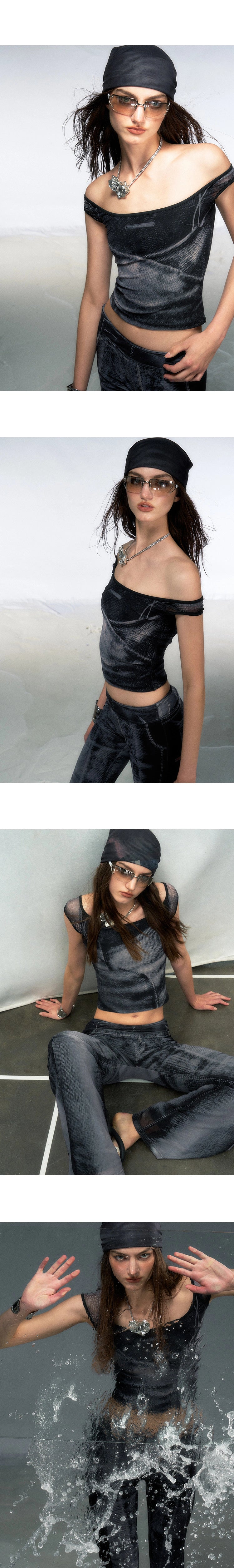 [スポット] OfAkiva「マルチマスタリー」デニムプリントアイスメッシュ通気性ストレッチファッションセット