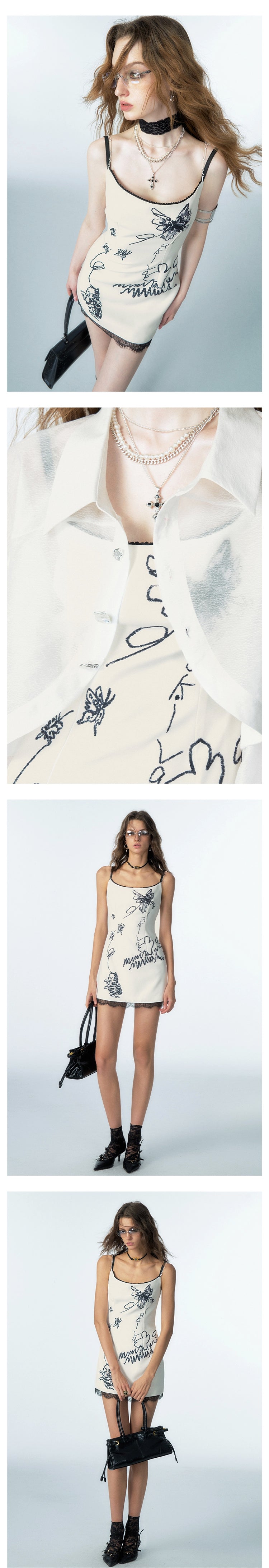 [スポット] OfAkiva 「No Man's Land Poetry」フェイクツーピースデザインバタフライキャットキャットプリントドレス