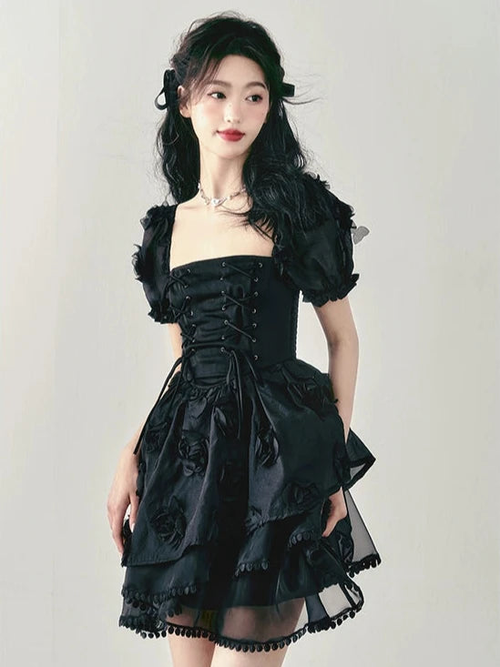 Three-Dimensional Rose Tie Puff Sleeve Dress