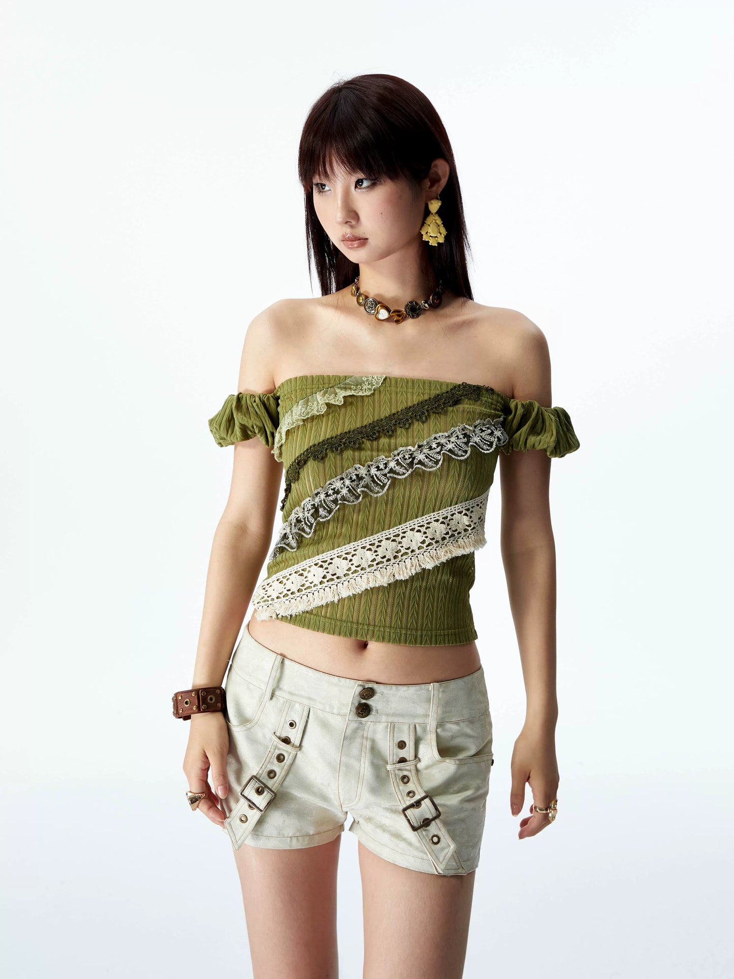 YOSHUYUKI オリジナルデザイン シダーグリーンストレッチニット ビンテージレース ストレートショルダー バンドゥ 半袖