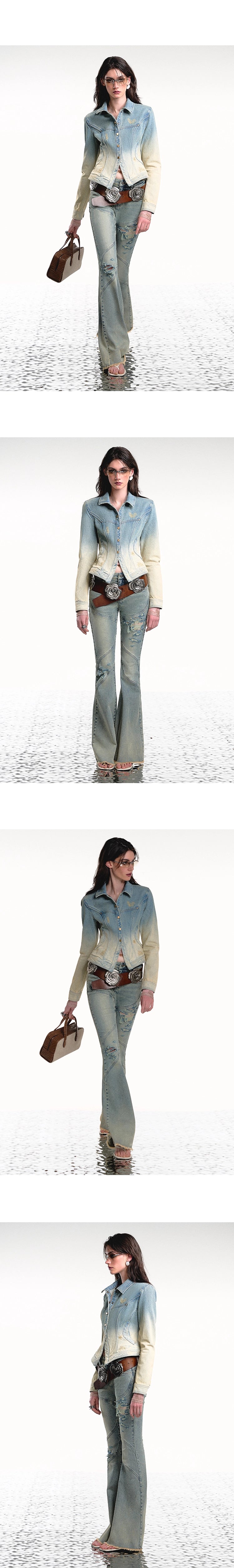 [スポット] OfAkiva「クロス」ウエストストラップ流線型スプリットサボタージュウォッシュジーンズ