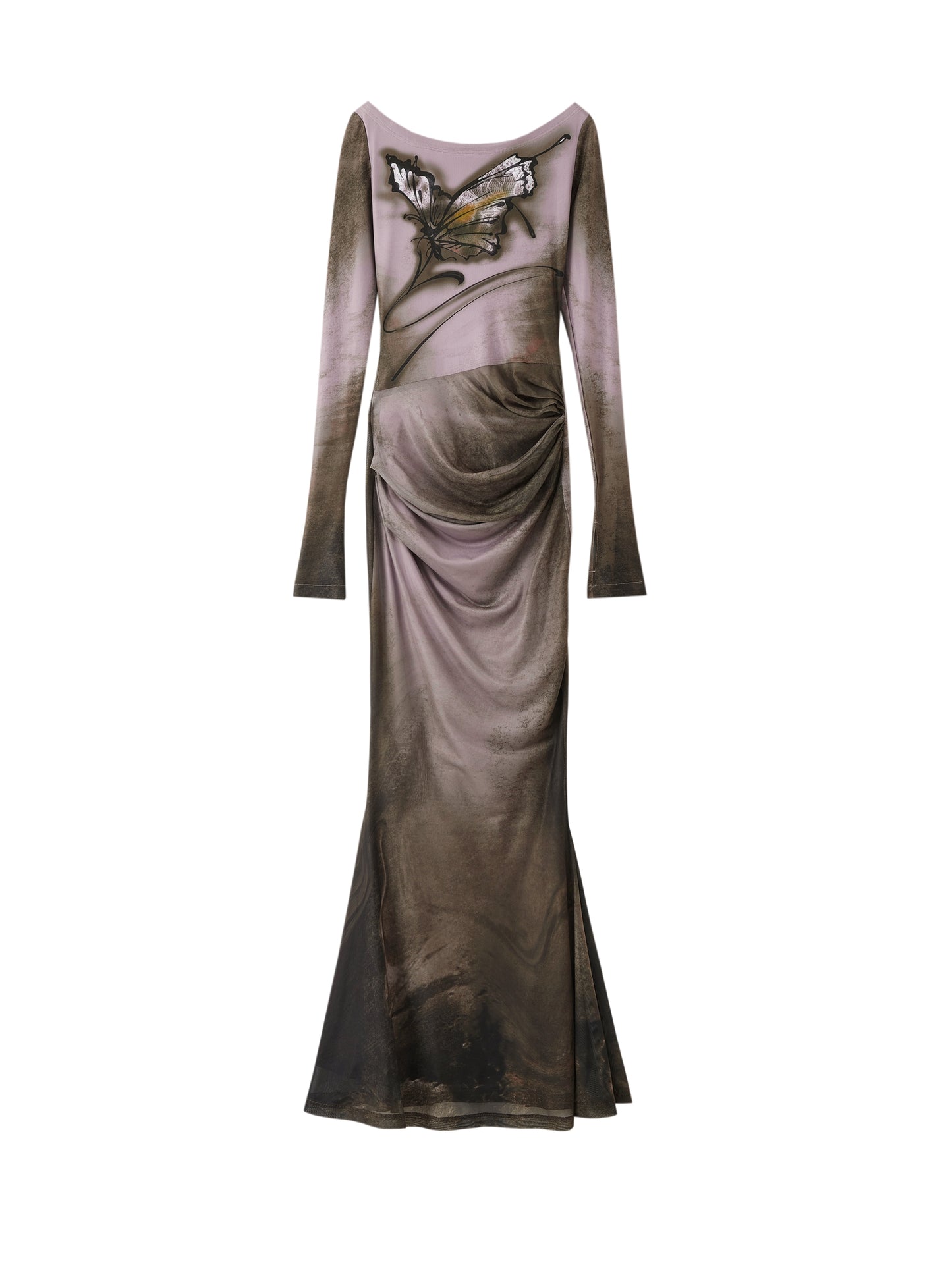 [スポット] OfAkiva「ドリームコアエステティック」バタフライプリントメッシュ長袖ボートネックフィッシュテールスカート女性