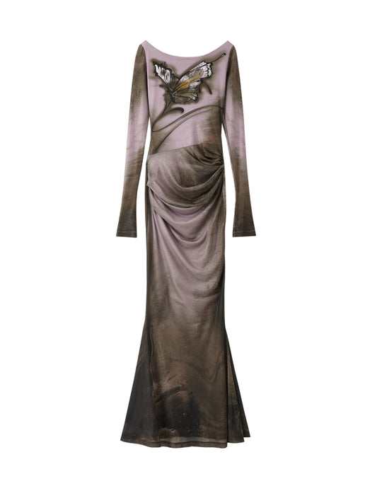 [スポット] OfAkiva「ドリームコアエステティック」バタフライプリントメッシュ長袖ボートネックフィッシュテールスカート女性