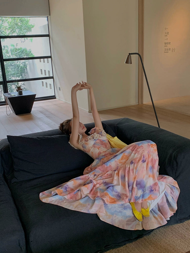 Xiaoli XIAOLIペン画春スクエアネック花柄ドレスロングドレスChardopamineは茶休憩フランスのプリンセスドレスを着ています