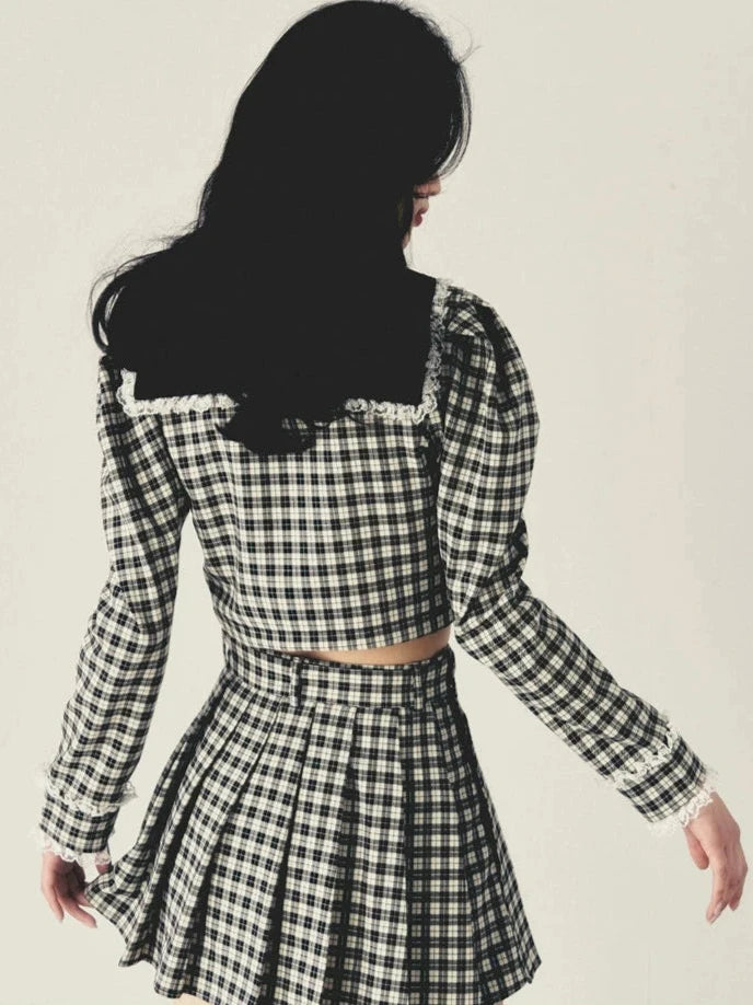 Checkered Pendant Pleated Short Jacket