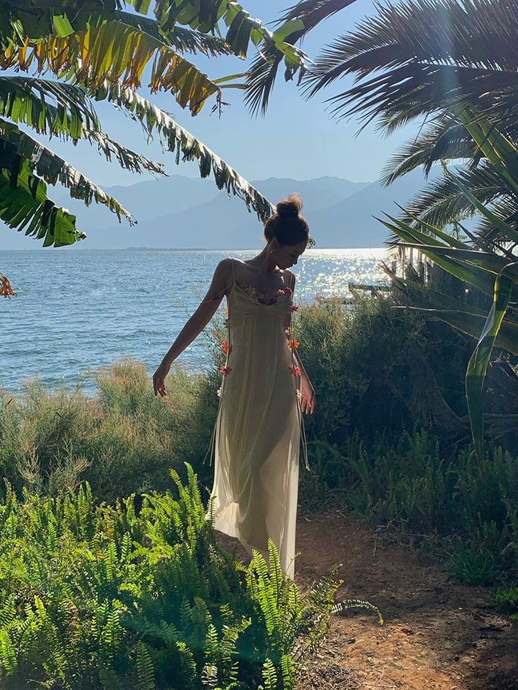 シャオリは霧の中の花、アセテートのスリップドレス、春と夏、ハイエンドの絶妙なリゾートの妖精の糸のスカートを見ました