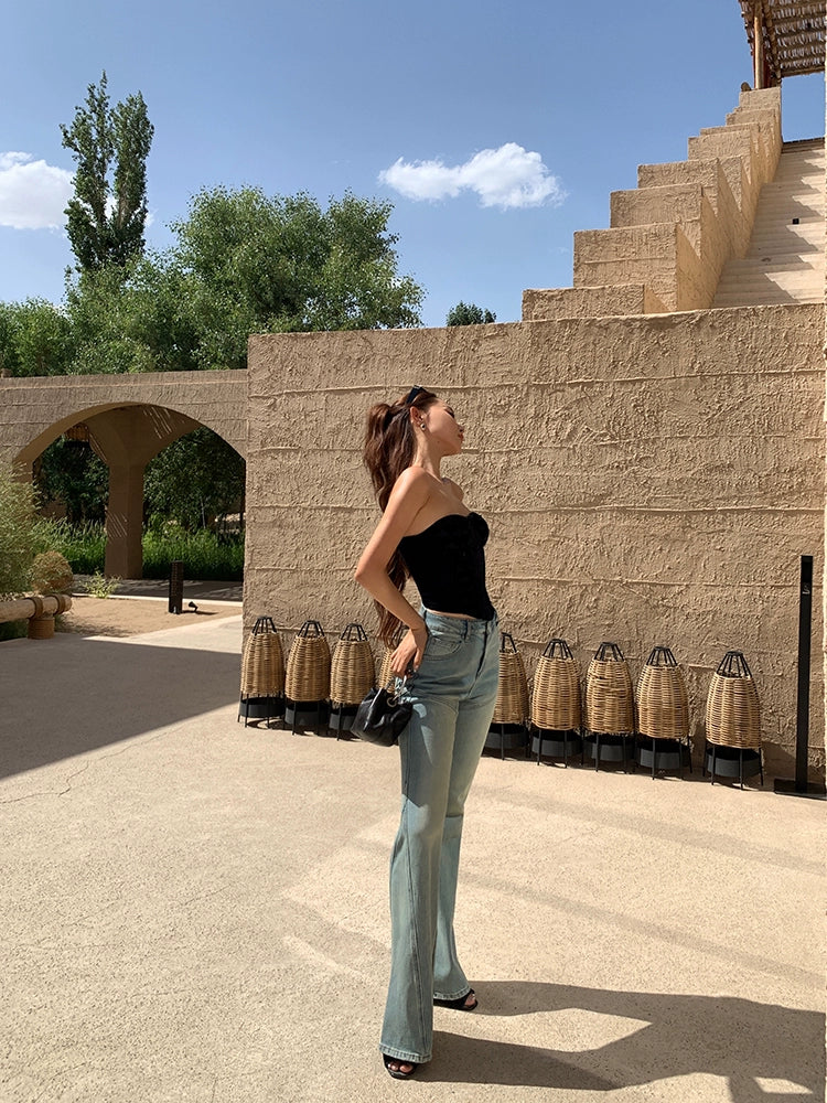 Xiaoliweiフレアストレートレッグワイドレッグジーンズ、夏の細いデザイン、レトロなスリムパンツ