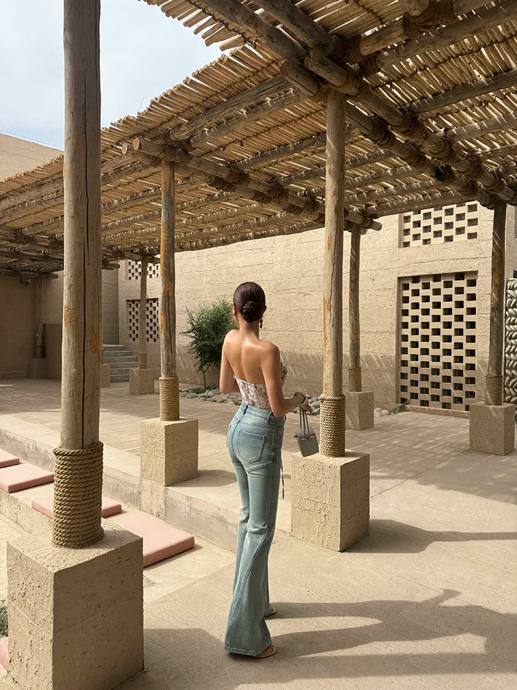 Xiaoliweiフレアストレートレッグワイドレッグジーンズ、夏の細いデザイン、レトロなスリムパンツ