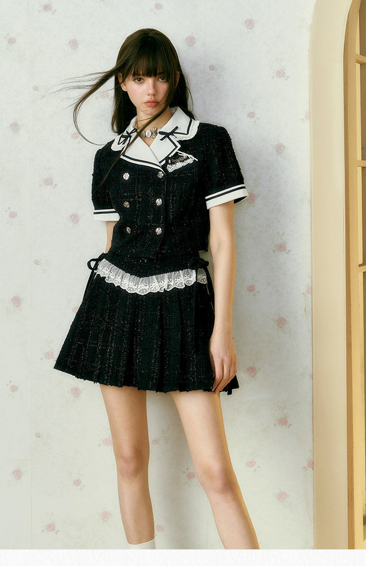 サンセットパークオリジナル ダブルブレスト スモールフレグランス コントラスト 半袖トップス+プリーツスカートセット