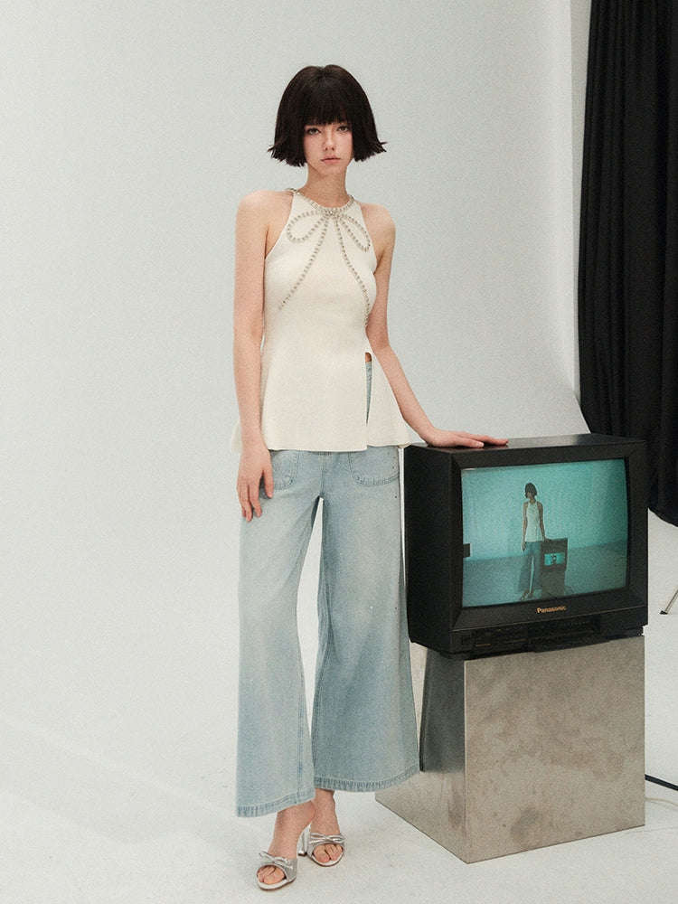 フォーエバーカン レディース サマー 2024 ニュー フローティング セナ プレミアム テンペラメント サスペンドロン ホルターネック スリット トップス