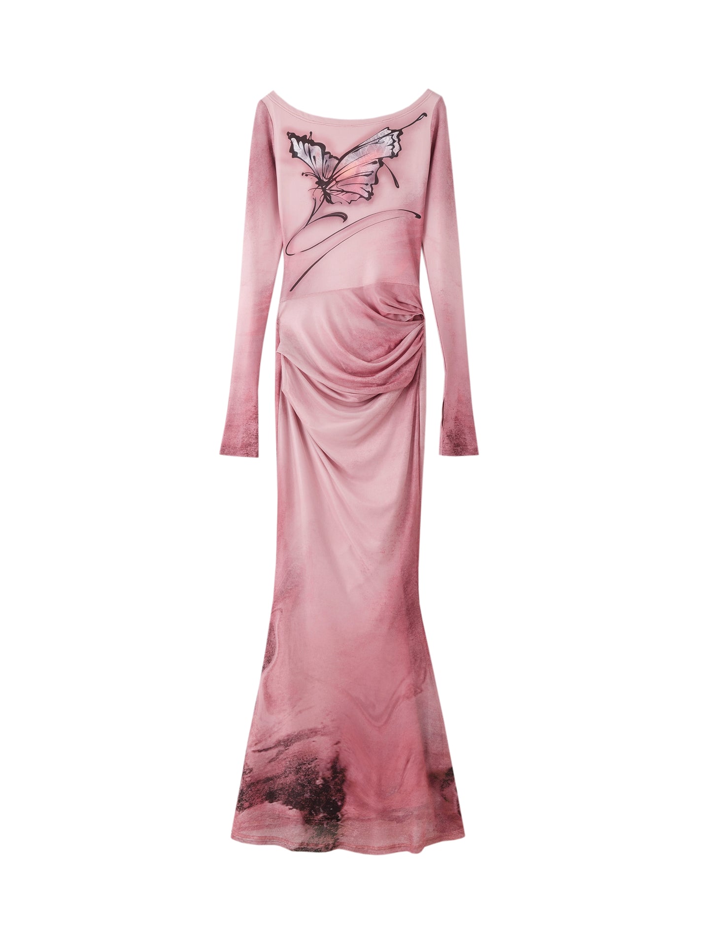 [スポット] OfAkiva「ドリームコアエステティック」バタフライプリントメッシュ長袖ボートネックフィッシュテールスカート女性