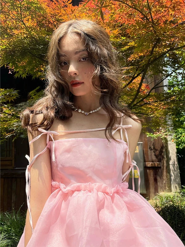 Slip Bow Organza Bud Sleeveless Dress