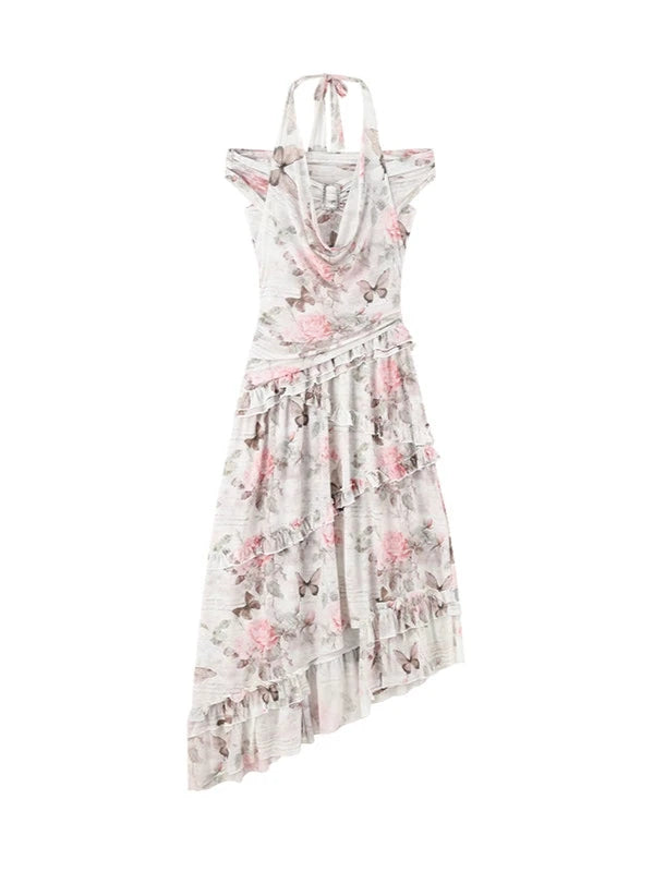 Rose Butterfly Print Asymmetrical One Shoulder Halter Neck Dress