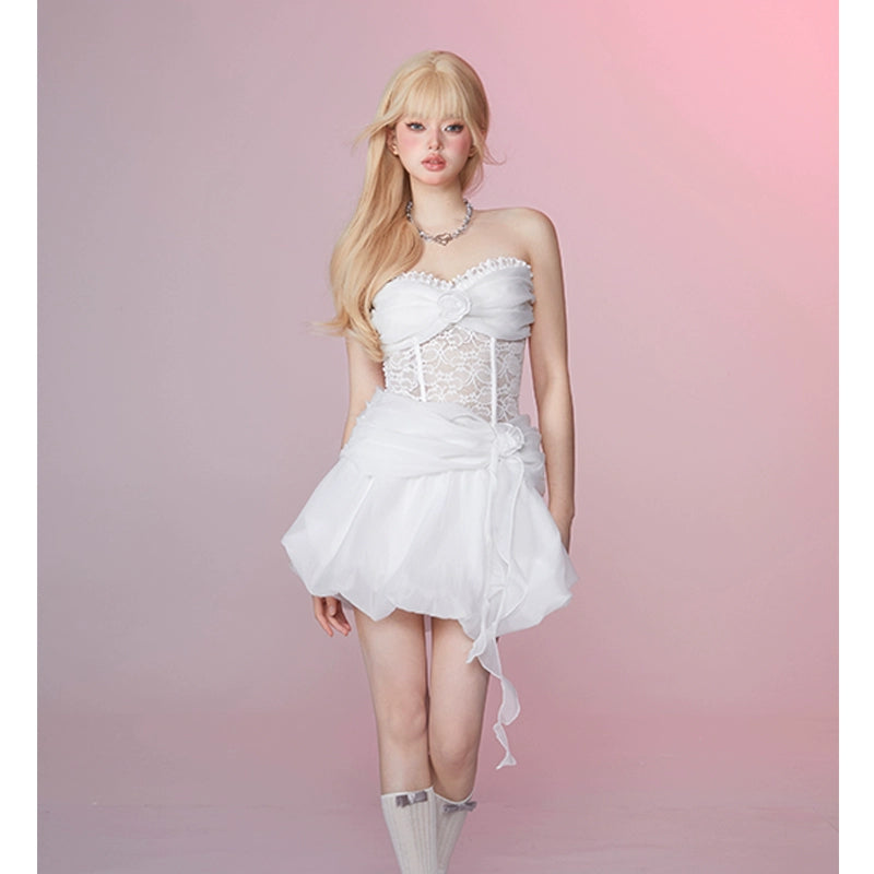 GirlyFancyClub白鳥の湖の物語のプリンセスレースヘリンボーン締めウエストパフメッシュバンドゥドレス