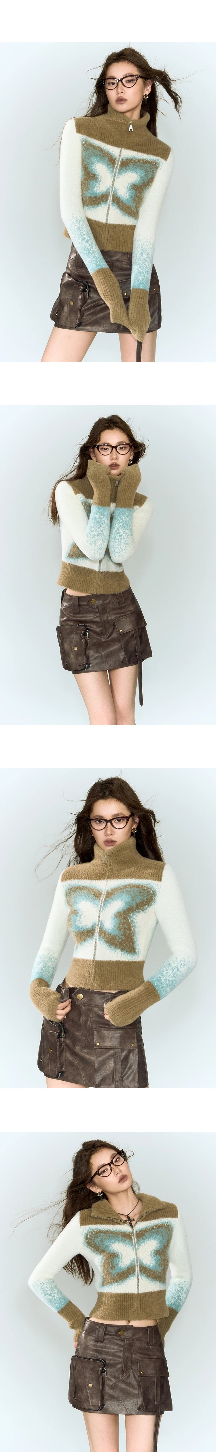 [スポット] OfAkiva「待たない錯覚」模倣ミンク蝶影ニットショートコートレディース冬の暖かいジャケット