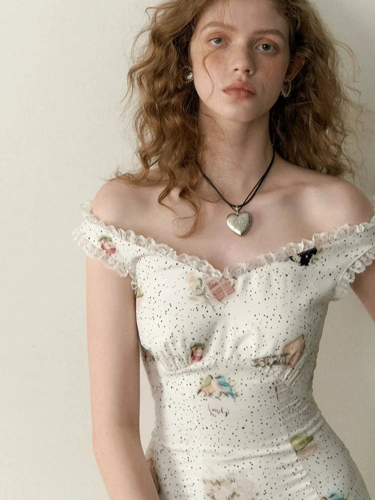 Spotted flower one-shoulder tight waist dress