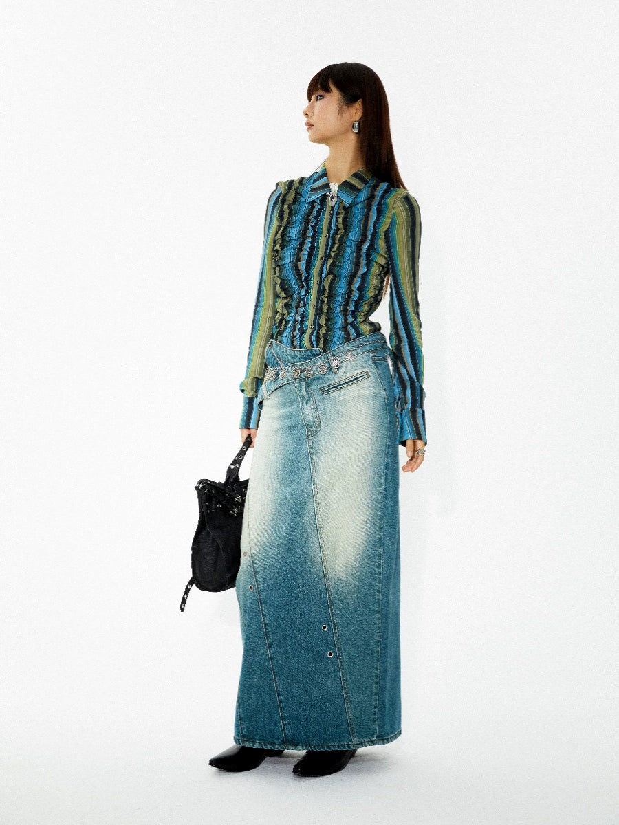 YOSHUYUKIオリジナルデザイン伸縮性ボトムライン不規則な折り目デザインブルーとグリーンのコントラストストライプウエストシャツ