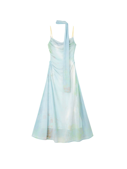 [スポット] OfAkiva "Tsukitani"インクプリントシフォンドレスレディース夏ノースリーブサンドレス