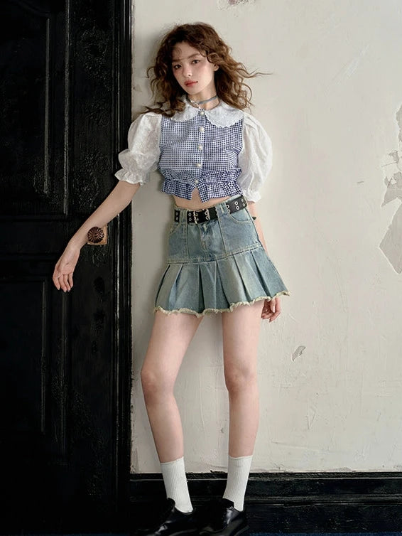 Stitched puff sleeve plaid short sleeve shirt