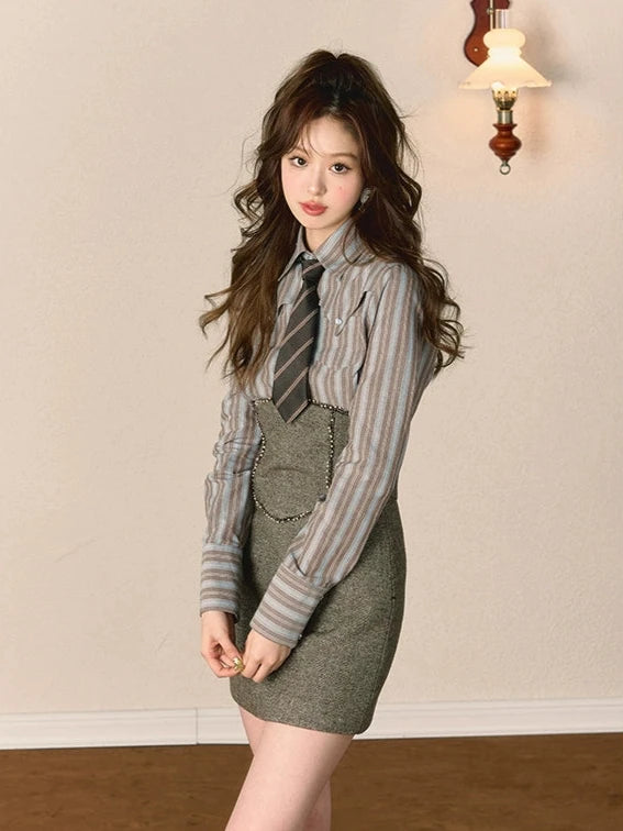 Vintage striped slim-niche design long sleeve shirt