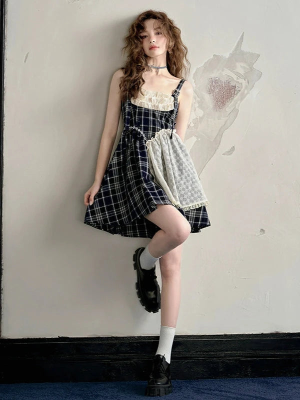 Vintage Check Stitch Slip Luxury Lace College Dress