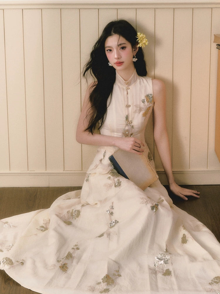 Sequined Embroidered Chinese Stand Collar Tops