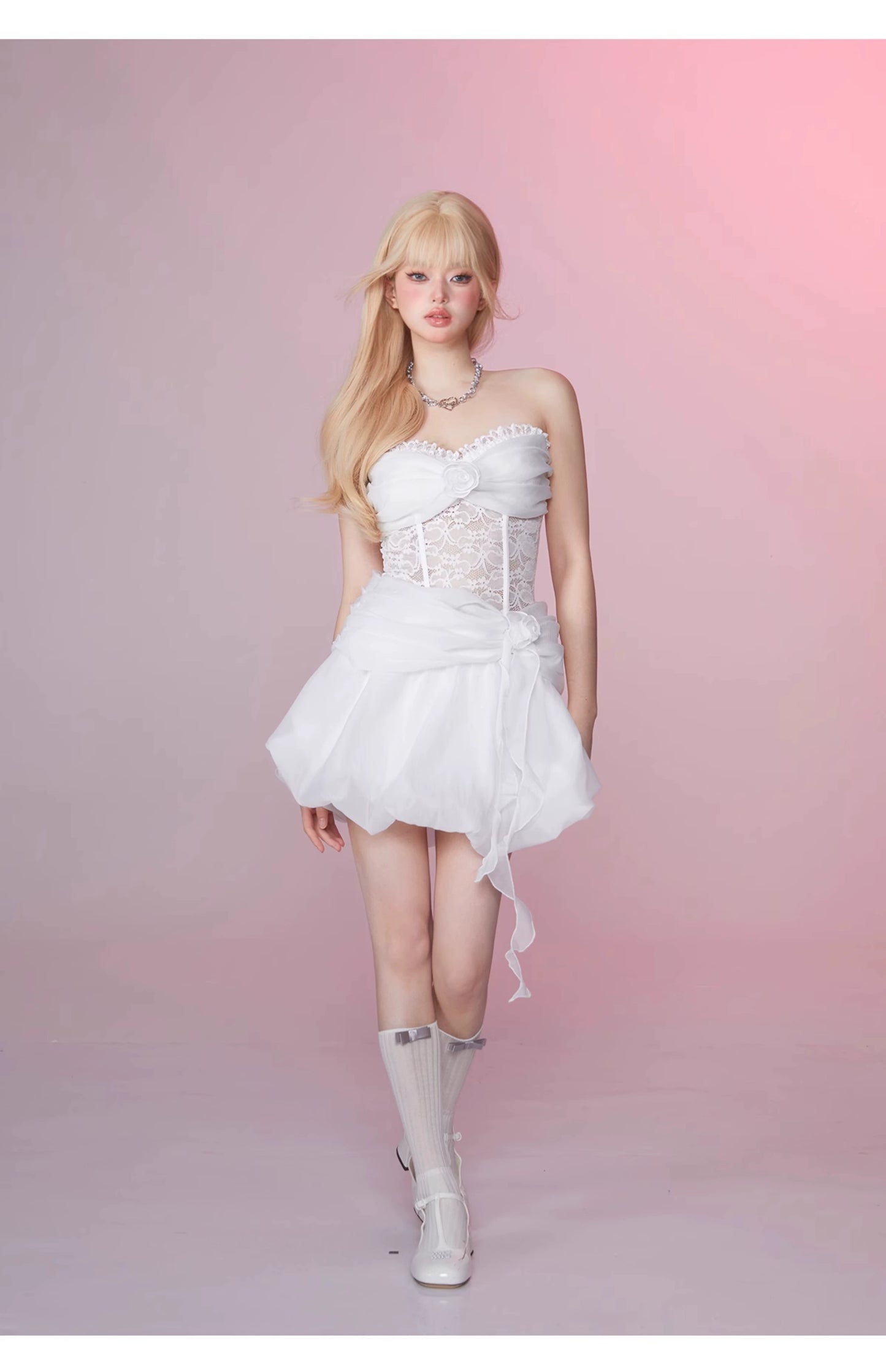 GirlyFancyClub白鳥の湖の物語のプリンセスレースヘリンボーン締めウエストパフメッシュバンドゥドレス