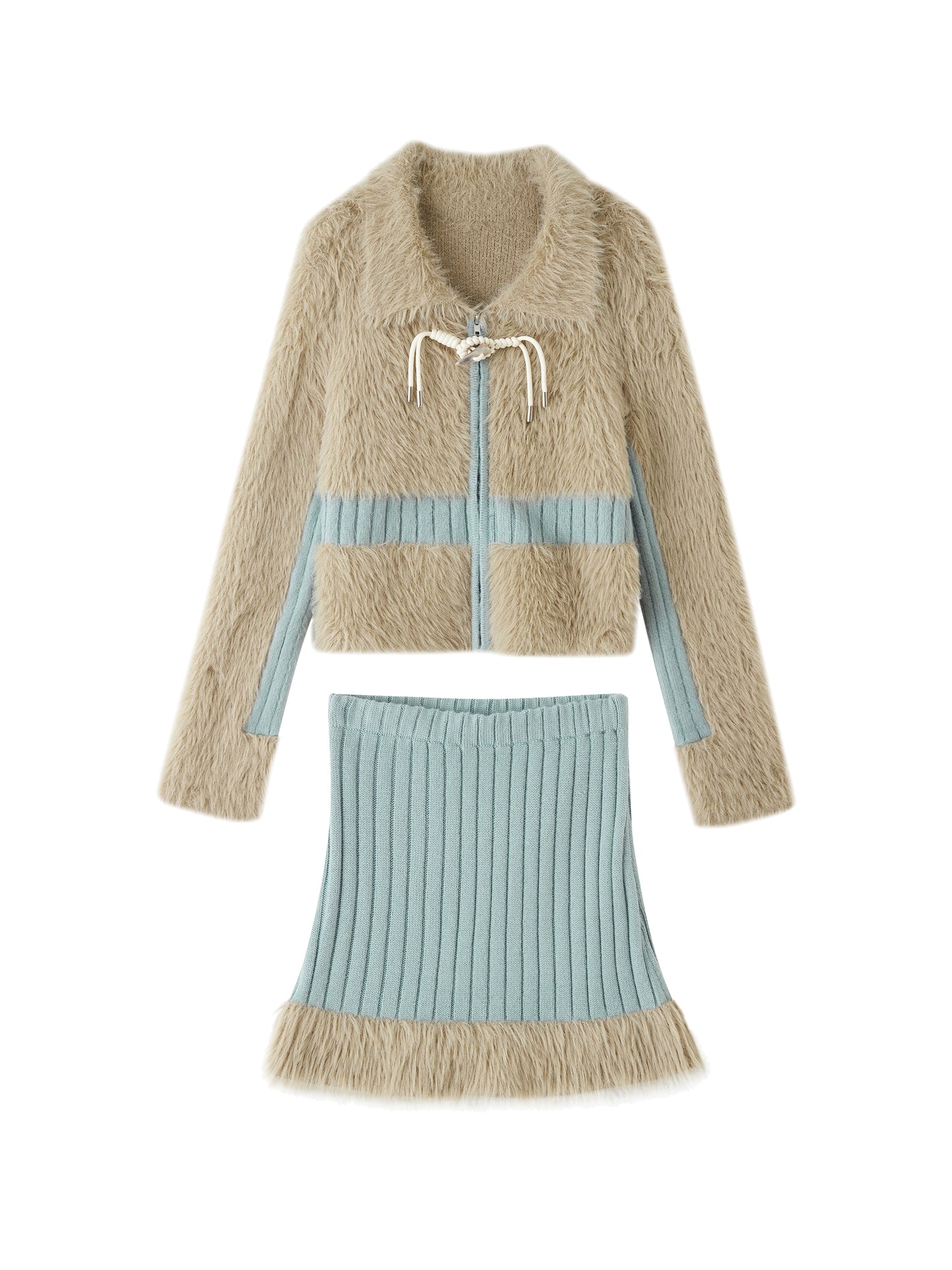 [スポット] OfAkiva「スプライシングその他」フェイクミンクニットパッチワークウィンターコートスカートスーツレディース