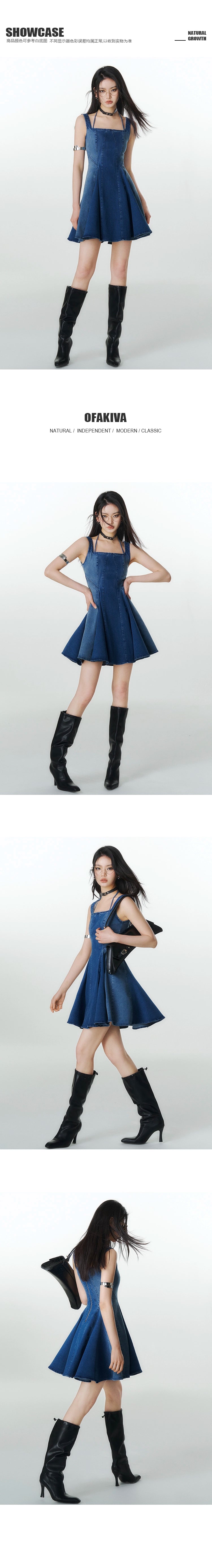 [スポット] アキバ比例分割小さな男の腰洗濯デニムドレス女性のハイウエストノースリーブ傘スカート