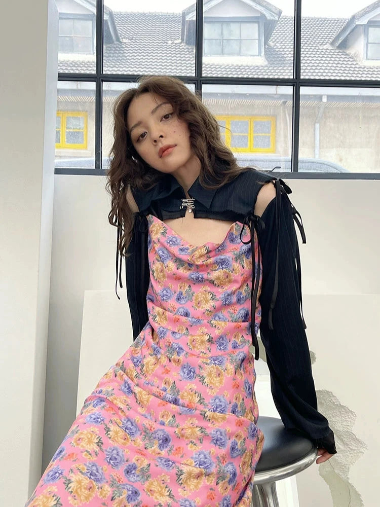 Retro Flower Straight Neckline Slip Backless Dress