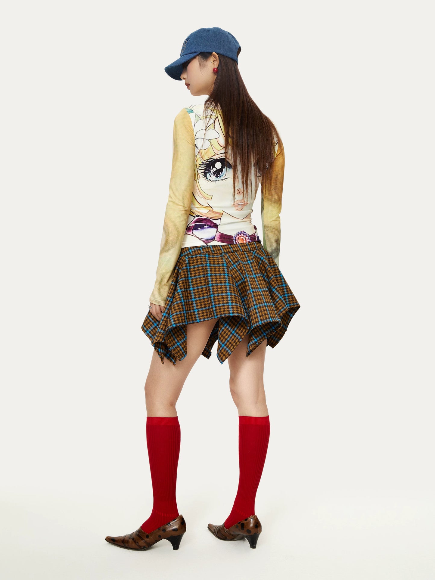 YOSHUYUKI「フリースピリット」レトロパンクコントラストチェックワイドウエストバンドデザイン不規則な裾スカート