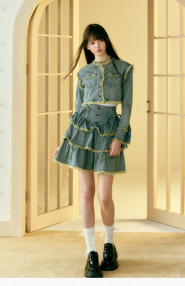 [Ju Jingyiと同じ段落] サンセットパークサンセットパークヴィンテージデニムローエッジスモールフレグランスジャケットケーキドレス