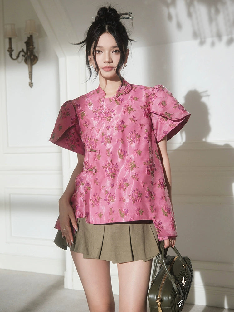 フォーエバーカンレディースサマー2024新しい中国スタイル新しい中国スタイルの高級気質パフスリーブ前立てトップス