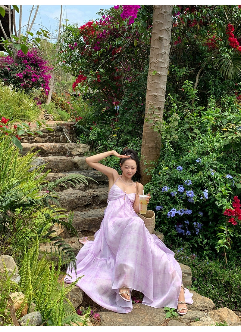 シャオリヒヤシンス、パープルミント、マンボ、Vネックホルタースリップドレス、チャドパミンリゾートドレス