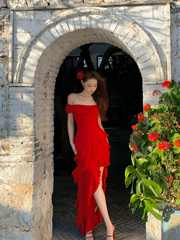 リトルコーラルテンセルウールレッドワンショルダードレス夏ニッチデザインフリルロングスカート