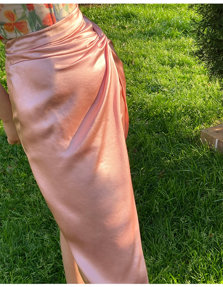 シャオリアセテートフロントツイストスプリットハイウエストヒップスカート、スプリングドレス、ドーパミンスウィートミディスカート