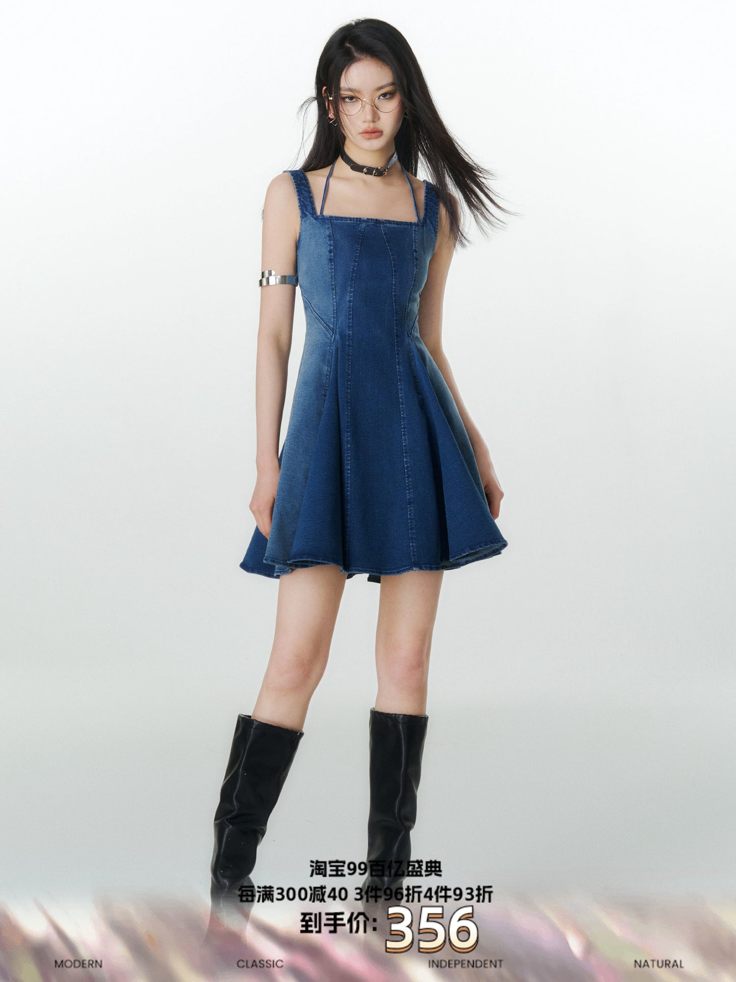 [スポット] アキバ比例分割小さな男の腰洗濯デニムドレス女性のハイウエストノースリーブ傘スカート