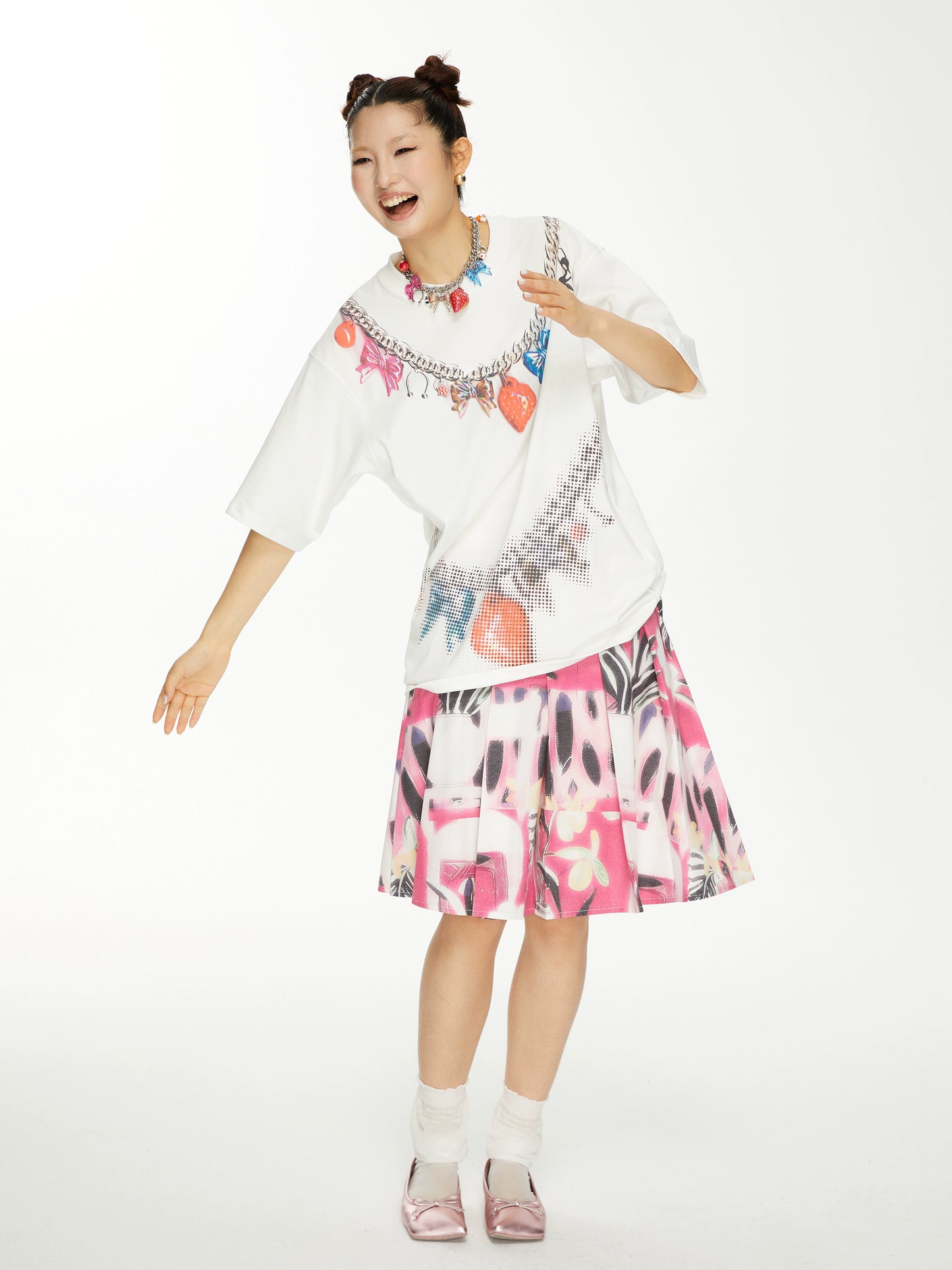 YSYKピンク花柄ピクトリアルパターンスカートスカート