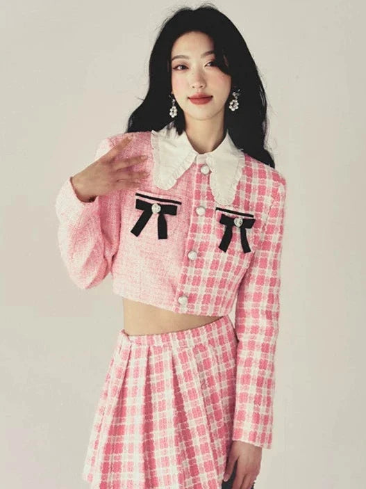 Pink Checked Stitched Bow Jacket