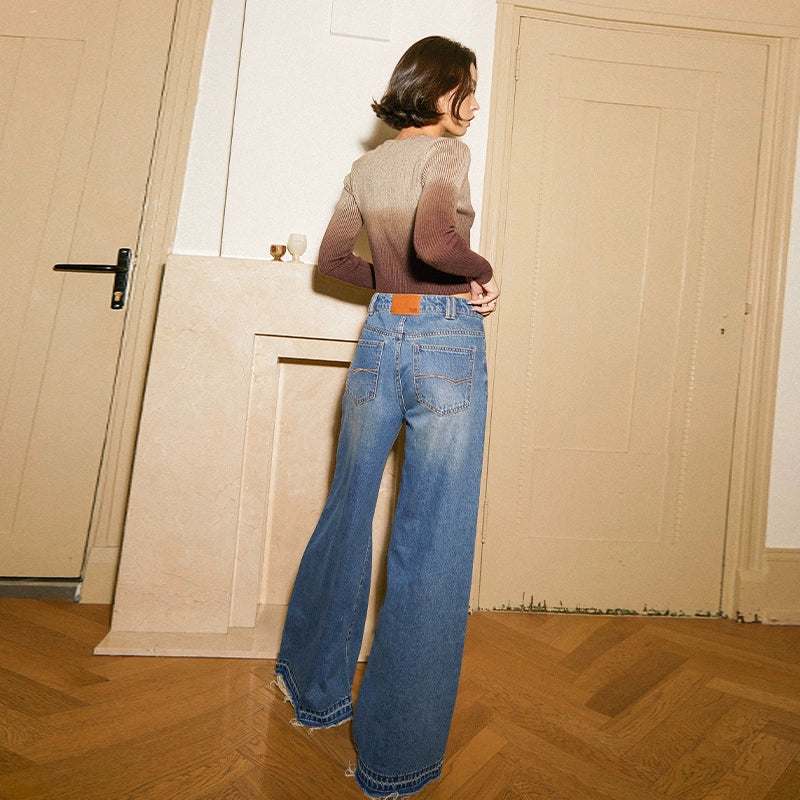 TR She's Hot Casual Expert、ブルーデニム、ウォッシュドリップローエッジ、ソフトハイウエストパンツ、ワイドレッグパンツ、フレアパンツ